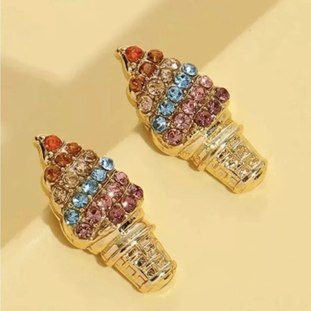 Gold Rhinestone Ice Cream Stud Earrings Multicolor Crystal Cute NWT